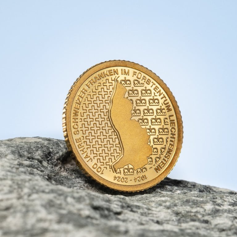 Side view of the Gold Liechtenstein 100 Years Swiss Franc 0.5 g PF