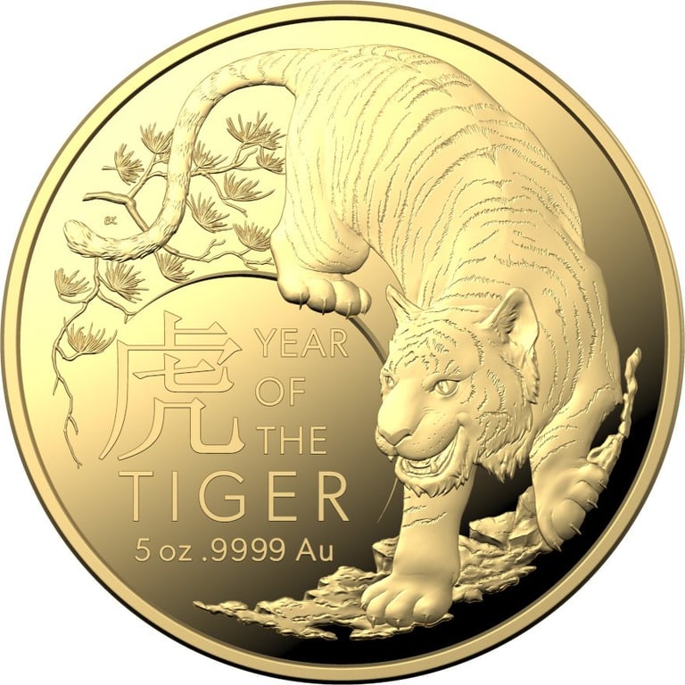 Front of the Gold Lunar Tiger 5 oz PF - RAM 2022