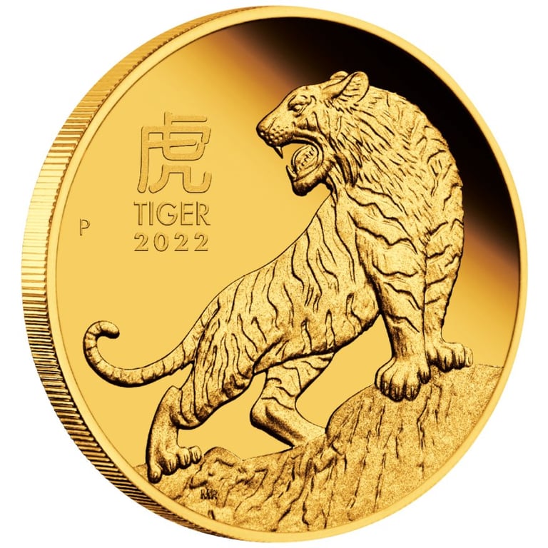 Side view of the Gold Lunar III Tiger 1 oz PF 2022