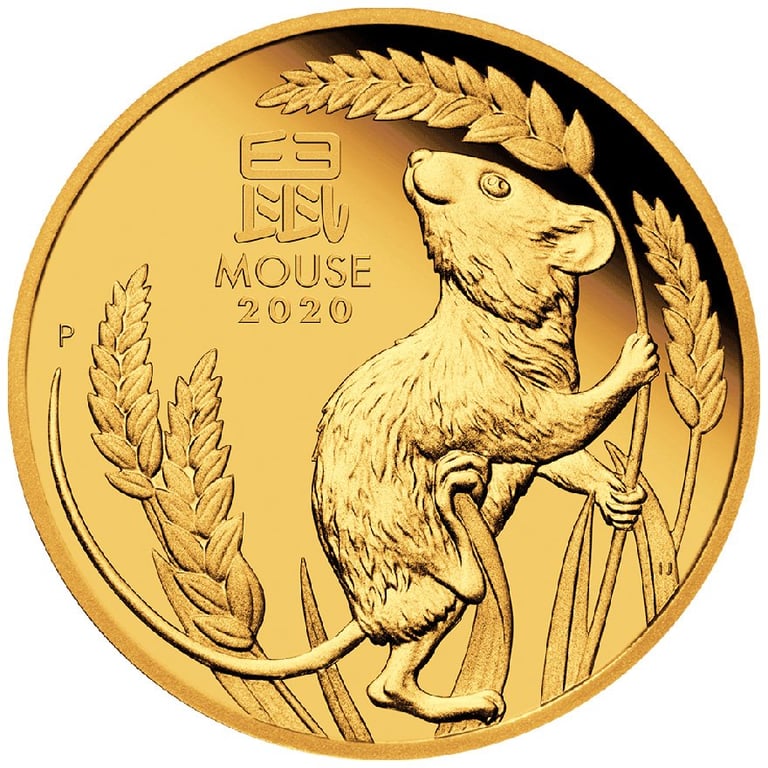 Front of the Gold Lunar III Mouse 1/4 oz PF - 2020