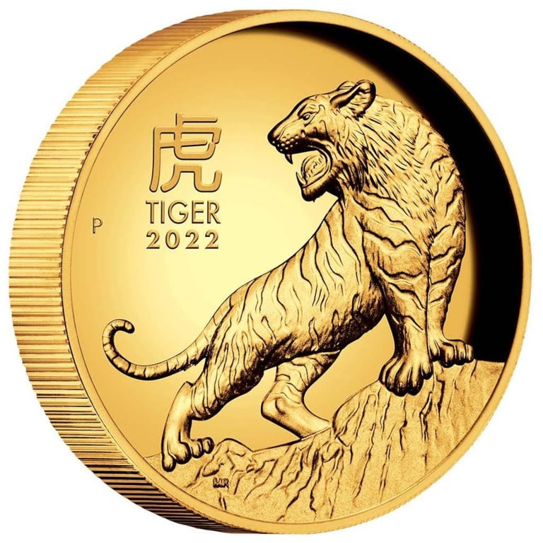 Side view of the Gold Lunar III Tiger 1 oz PF - High Relief 2022