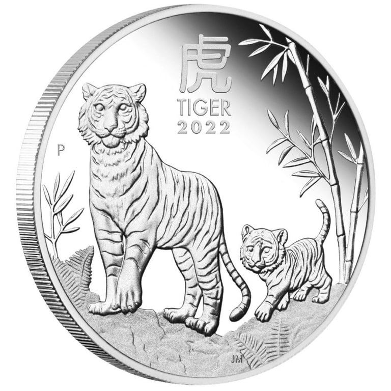 Side view of the Silver Lunar III 1 oz Tiger PF - Perth Mint 2022