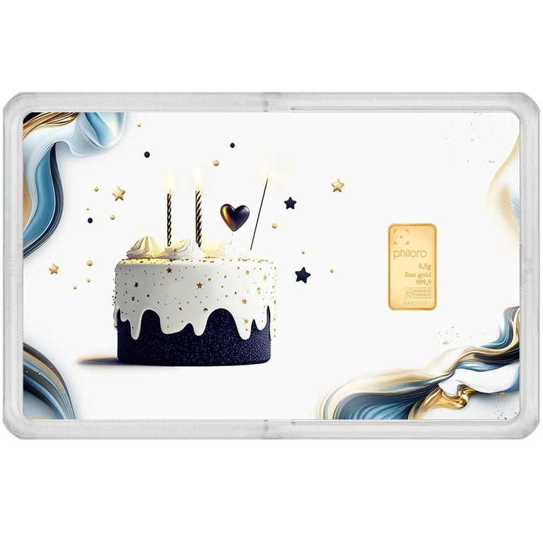 Front of the Gold bar 0.5 g - philoro gift card ""Birthday Magic""