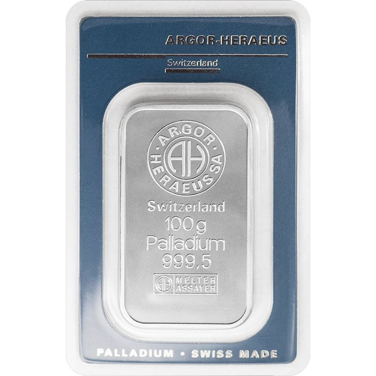 Front of the Palladium bar 100 g in the blister card