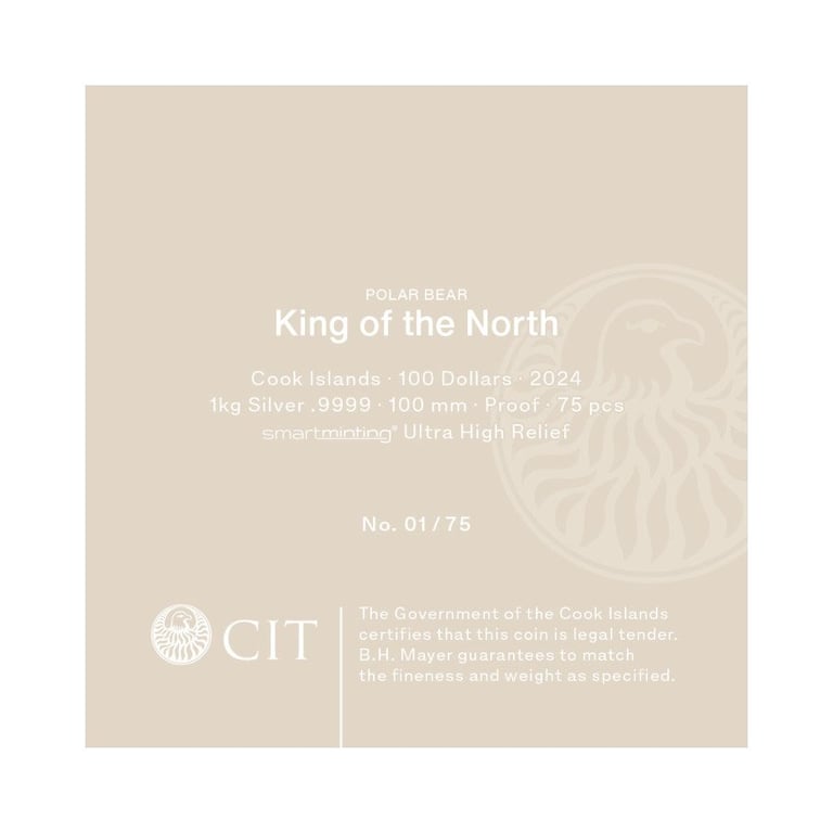 Original coin case of the Silver King of the North - Polar Bear 1000 g PF - Ultra High Relief