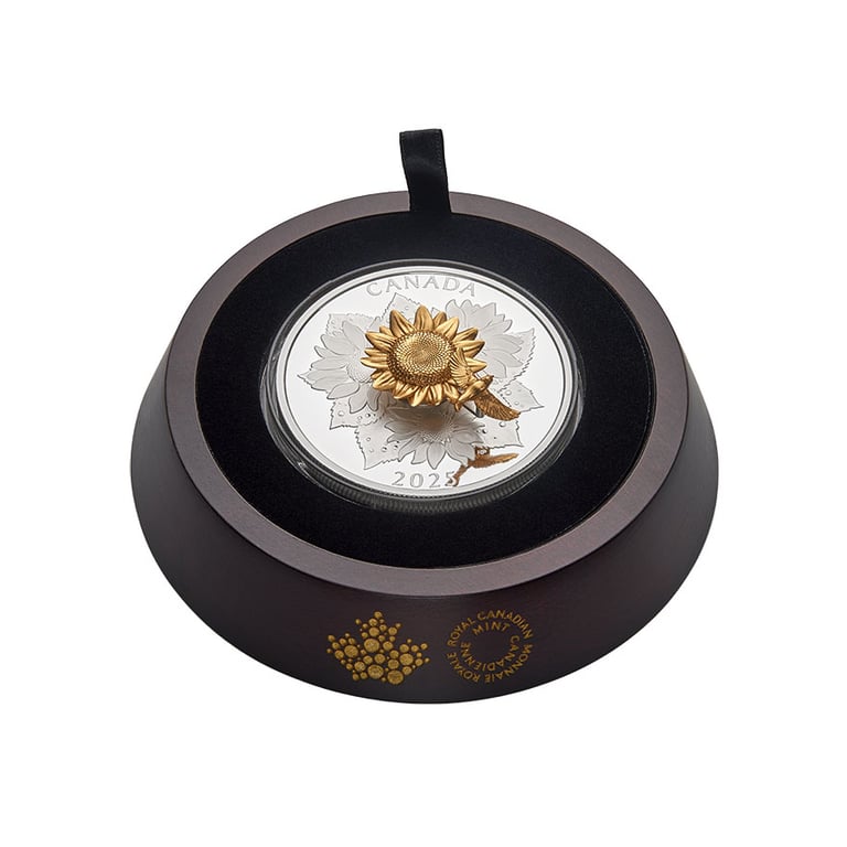Original coin case of the Silver The Goldfinch and the Bloom 5 oz Proof - Gilded 3D Elements