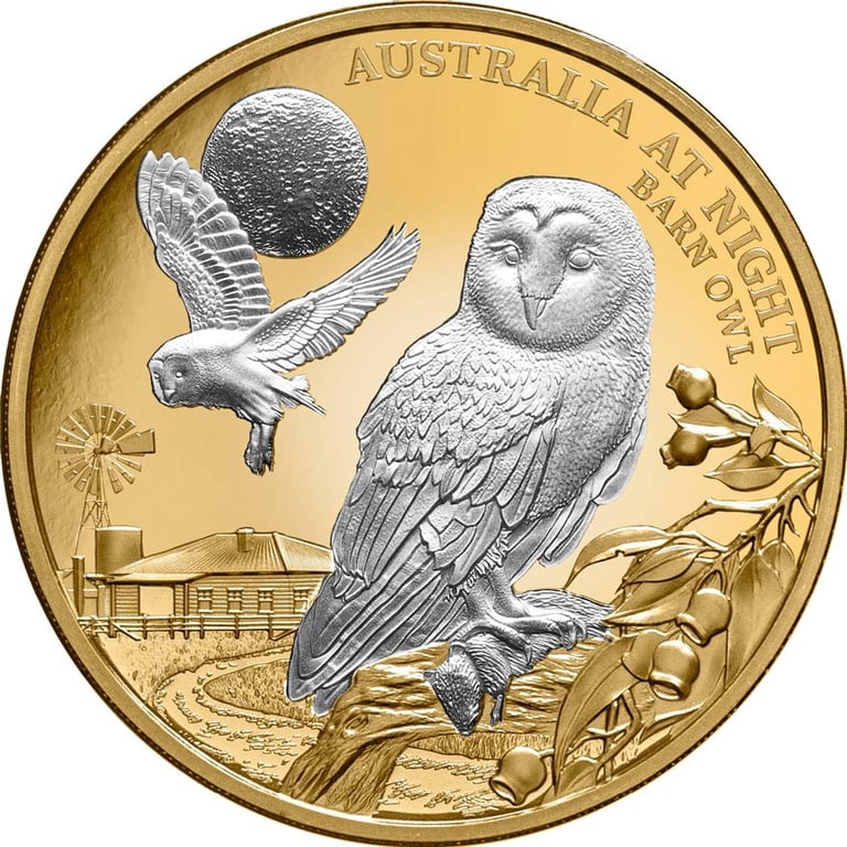 Front of the Gold Barn Owl 1 oz PF - Platinum-Coated 2022