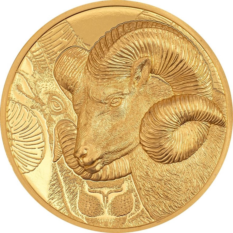 Front of the Gold Magnificent Argali 1 oz PF - High Relief 2022