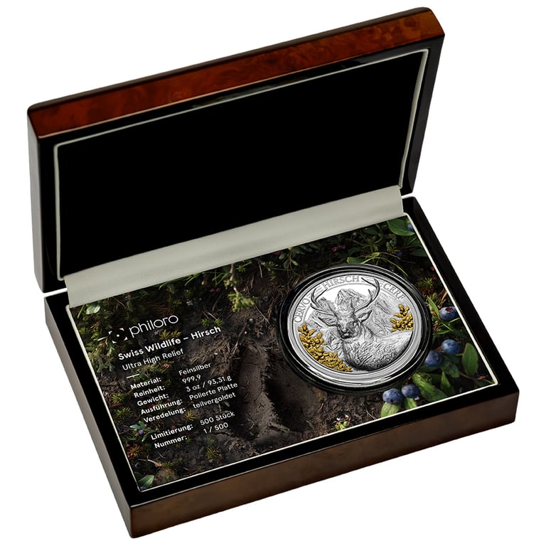 Open coin case of Silver Swiss Wildlife – Deer 3 oz Proof – Ultra High Relief 2026