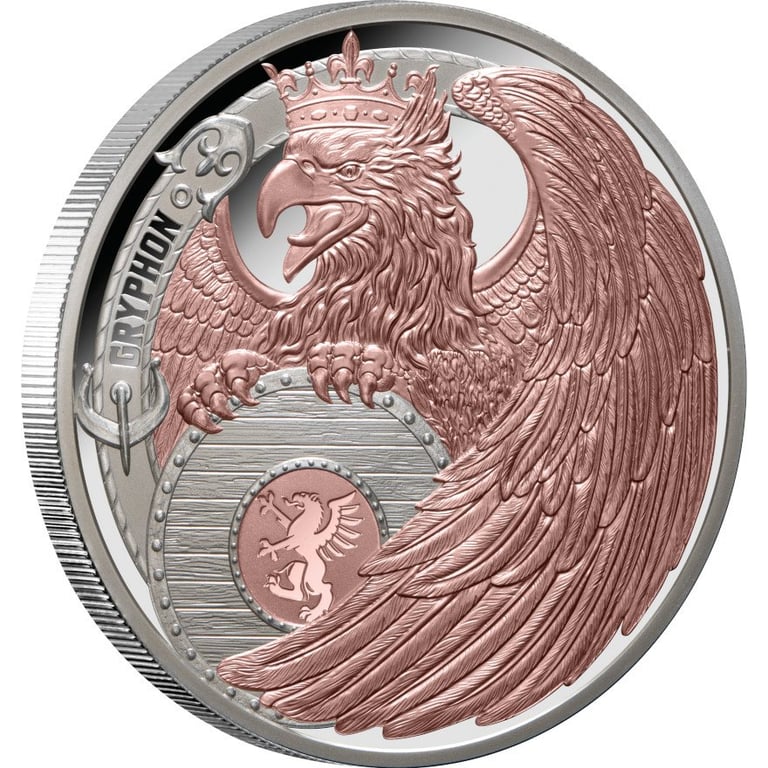 Side view of the Silver Gryphon 1 oz PF - Heraldic Beasts 2024