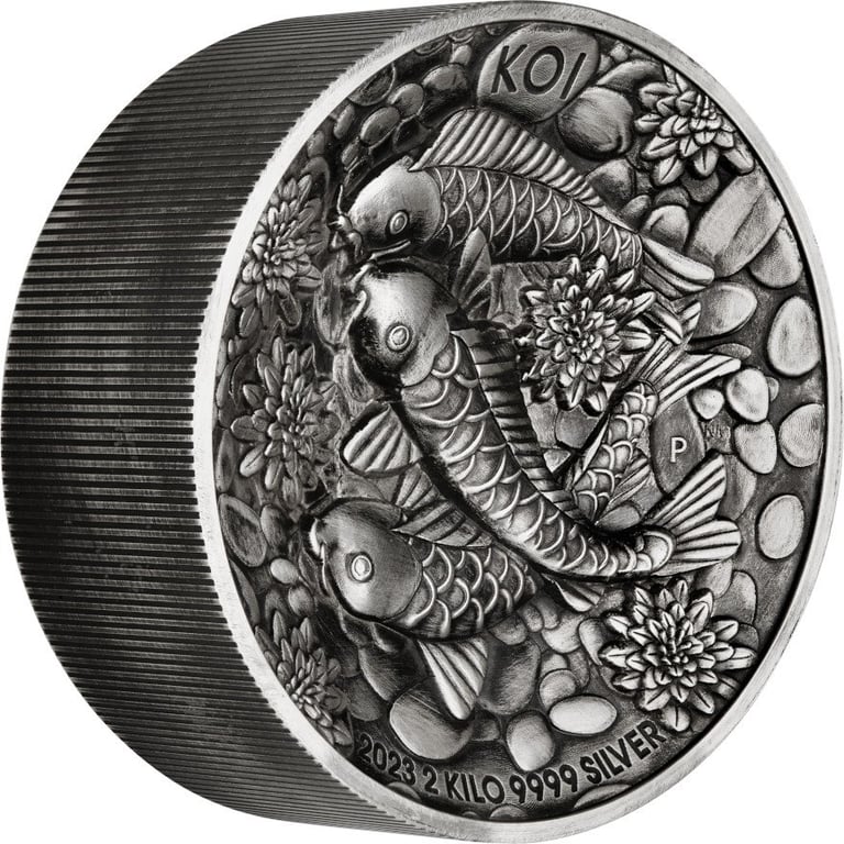 Side view of the Silver Koi Fish 2000 g High Relief - Antique Finish 2023
