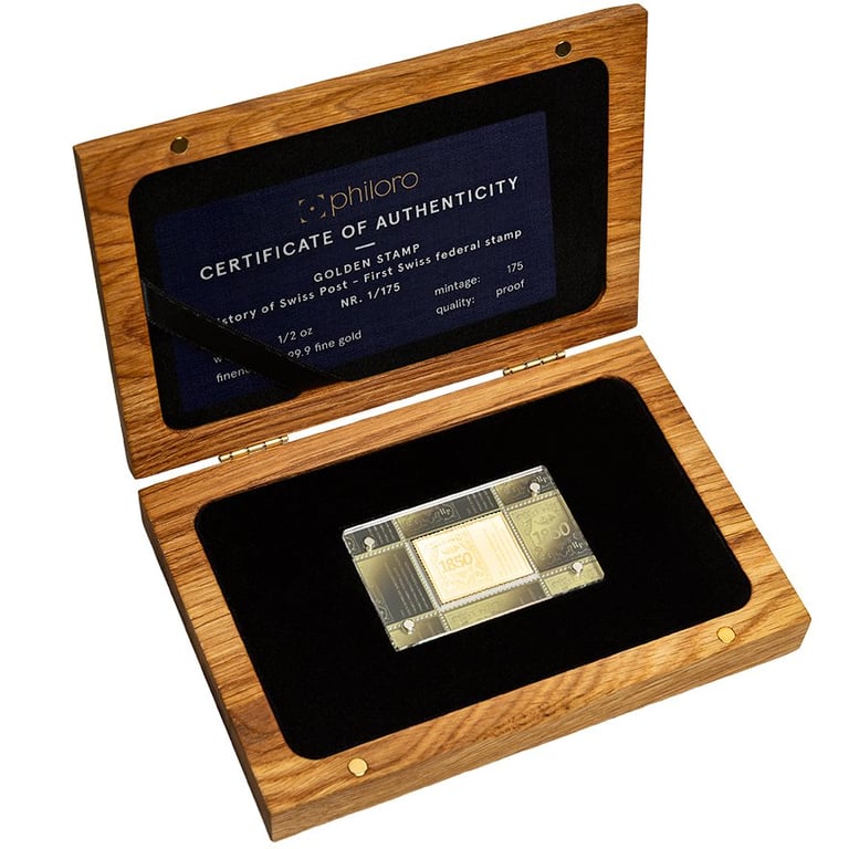 GOLDENE BRIEFMARKE - Geschichte der Schweizerischen Post in the original coin case