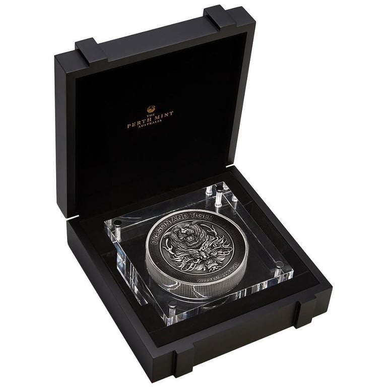 Silver Dragon & Tiger 2000 g Antique Finish - High Relief - 2022 in the original coin case
