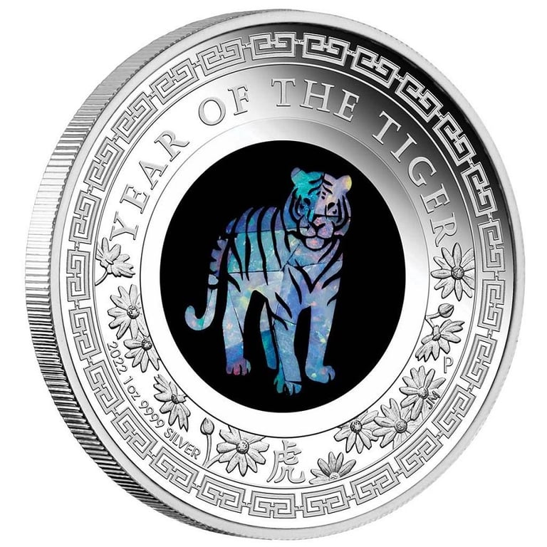 Side view of the Silver Opal Series 1 oz PF - Year of the Tiger 2022