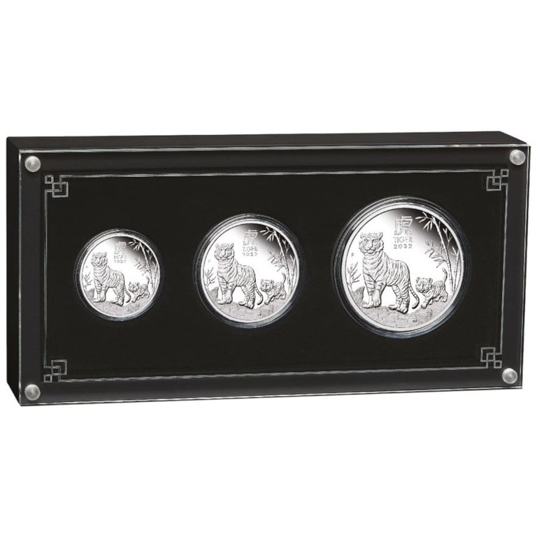 Front of the Silver Lunar III 3 Coin Set Tiger PF - 2022