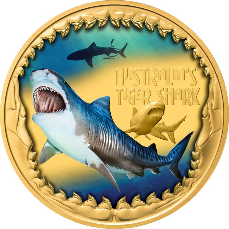 Front of the Gold Deadly & Dangerous - Tiger Shark 1 oz PF - 2023