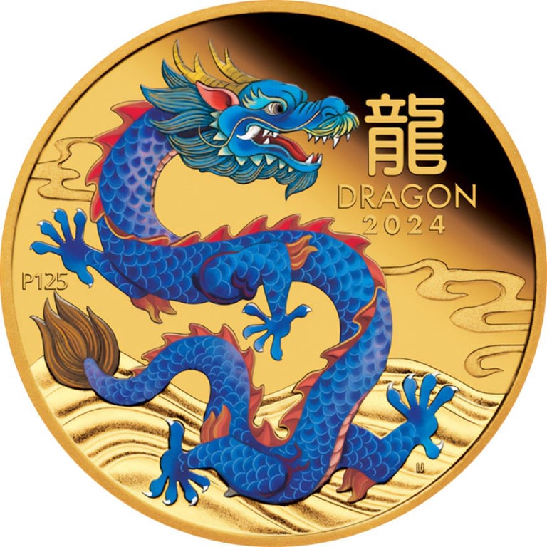 Front of the Gold Lunar III Dragon 1 oz Proof - colored 2024