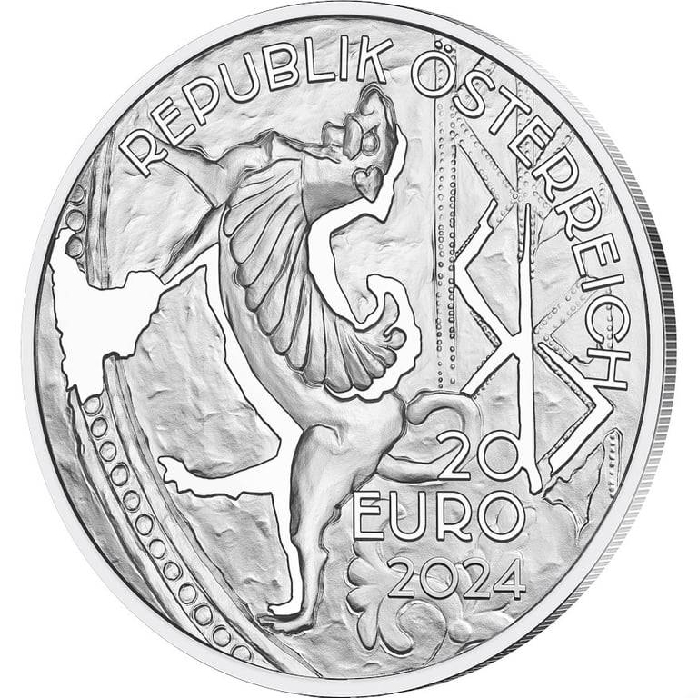 Side view of the Silver trade 20 EUR PF AUT - 2024