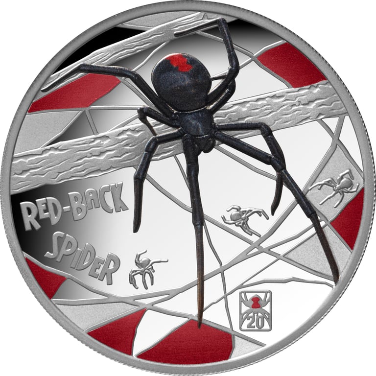 Front of Silver Deadly & Dangerous – Red Back Spider 1 oz Proof – 20th Anniversary 2026