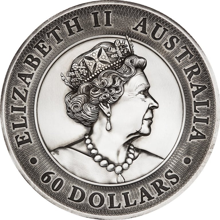 Back of the Silver Kookaburra 2000 g High Relief - Antique Finish 2020