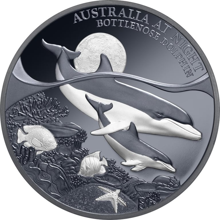 Front of the Silver Bottlenose Dolphin 1 oz Black Proof - 2025
