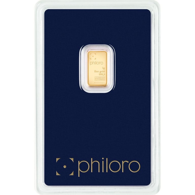 Front of the Gold bar 1 g - philoro in the blister card