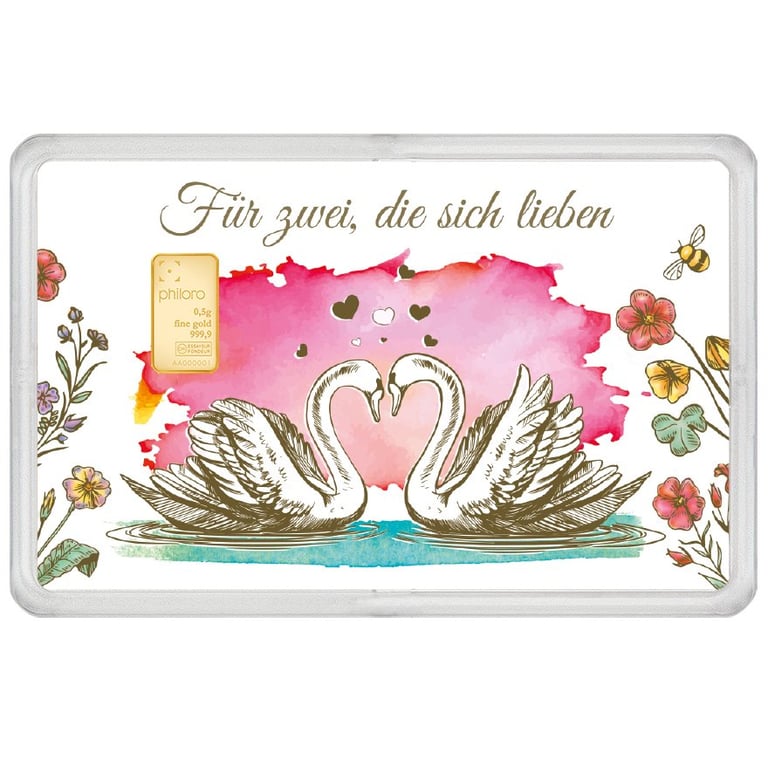 Front of the Gold bar 0.5 g - philoro gift card ""For two who love each other""