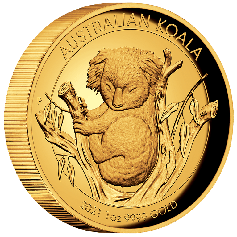 Side view of the Gold Koala 1 oz PF High Relief - 2021