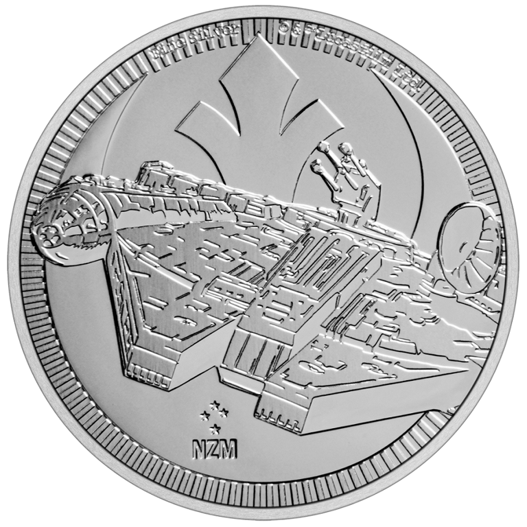 Front of the Silver STAR WARS 1 oz - Millennium Falcon