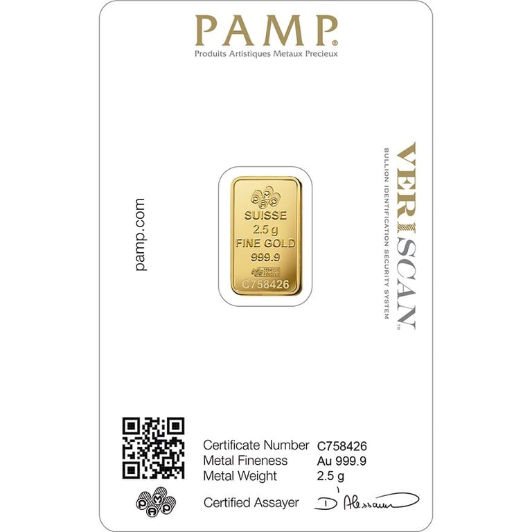 Back of the Gold bar 2.5 g ""Fortuna"" - PAMP in the blister card
