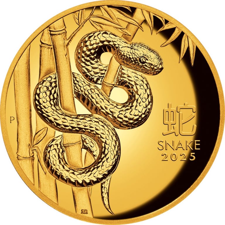 Front of the Gold Lunar III Snake 1 oz PF - High Relief 2025