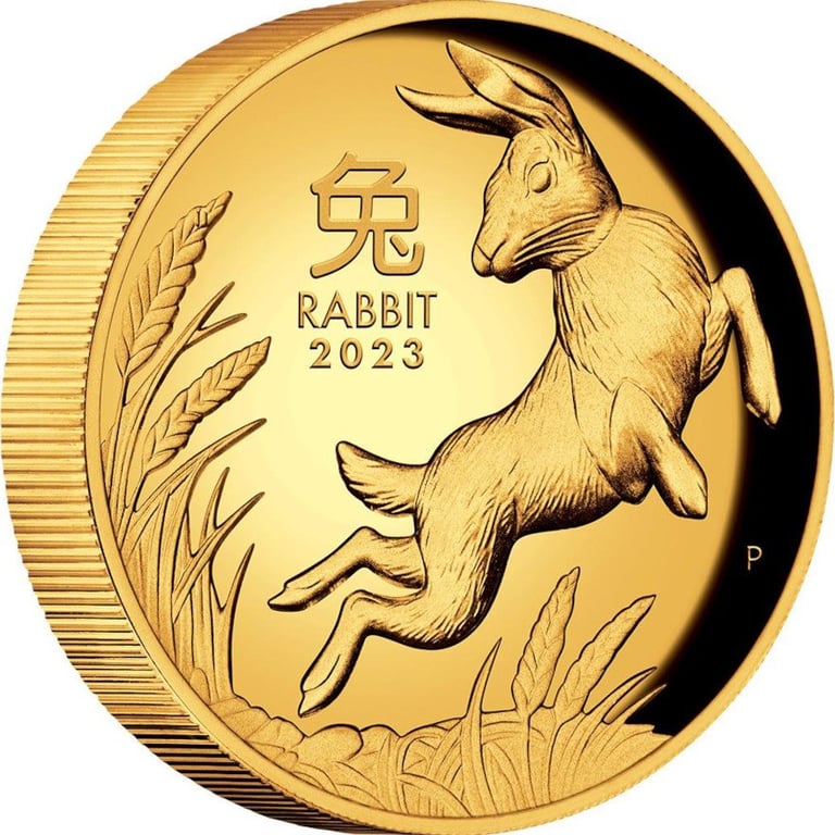 Side view of the Gold Lunar III 1 oz Rabbit PF - High Relief 2023