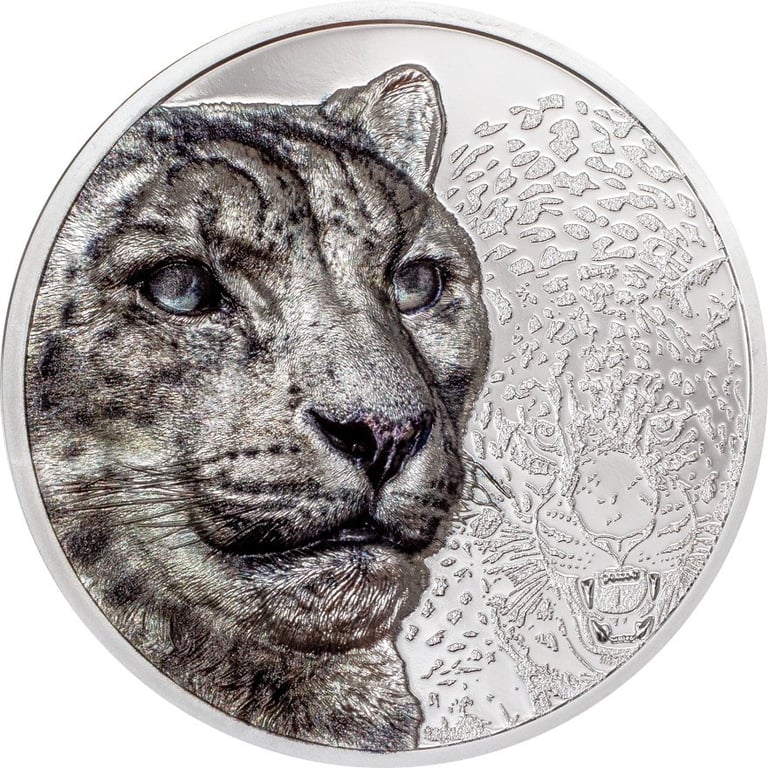 Front of the Silver Snow Leopard 3 oz PF - High Relief 2024