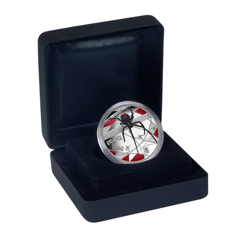 Coin case of Silver Deadly & Dangerous – Red Back Spider 1 oz Proof – 20th Anniversary 2026