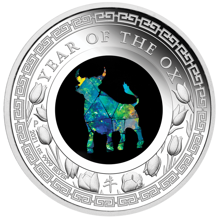 Front of the Silver Opal Series 1 oz PF - Year of the Ox 2021