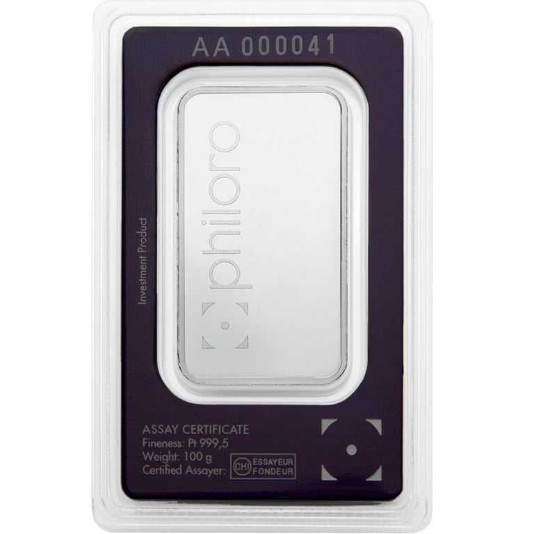 Back of the Platinum bar 100 g - philoro in the blister card