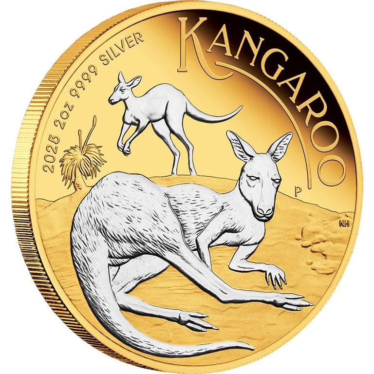 Side view of the Silver Kangaroo 2 oz PF - Partially Gold-Plated 2025