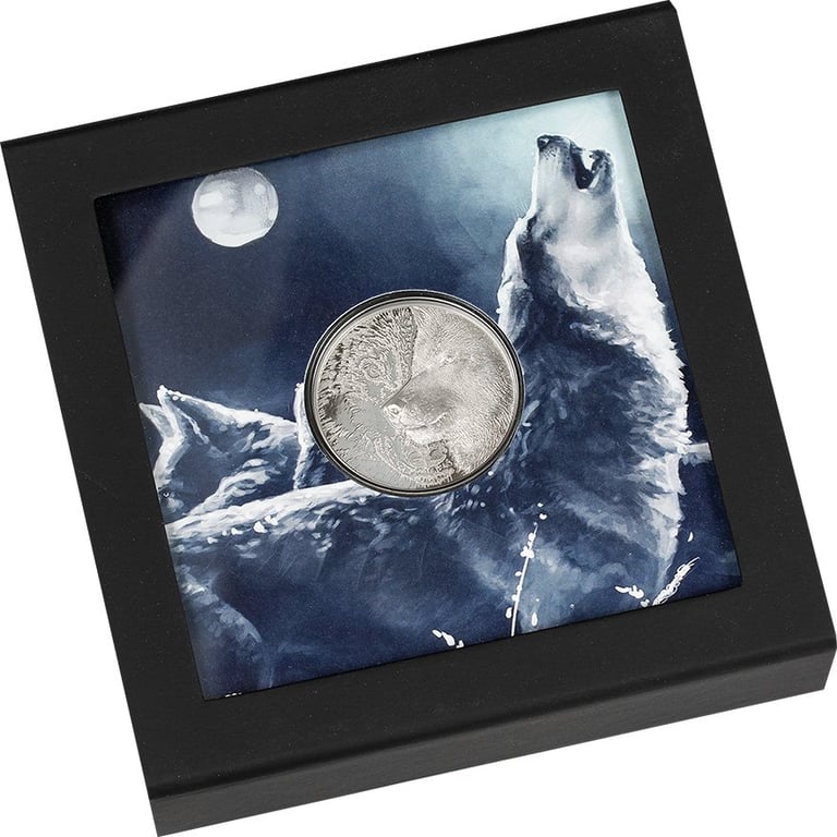 Platinum Mystic Wolf 1 oz - Ultra High Relief in the original coin case