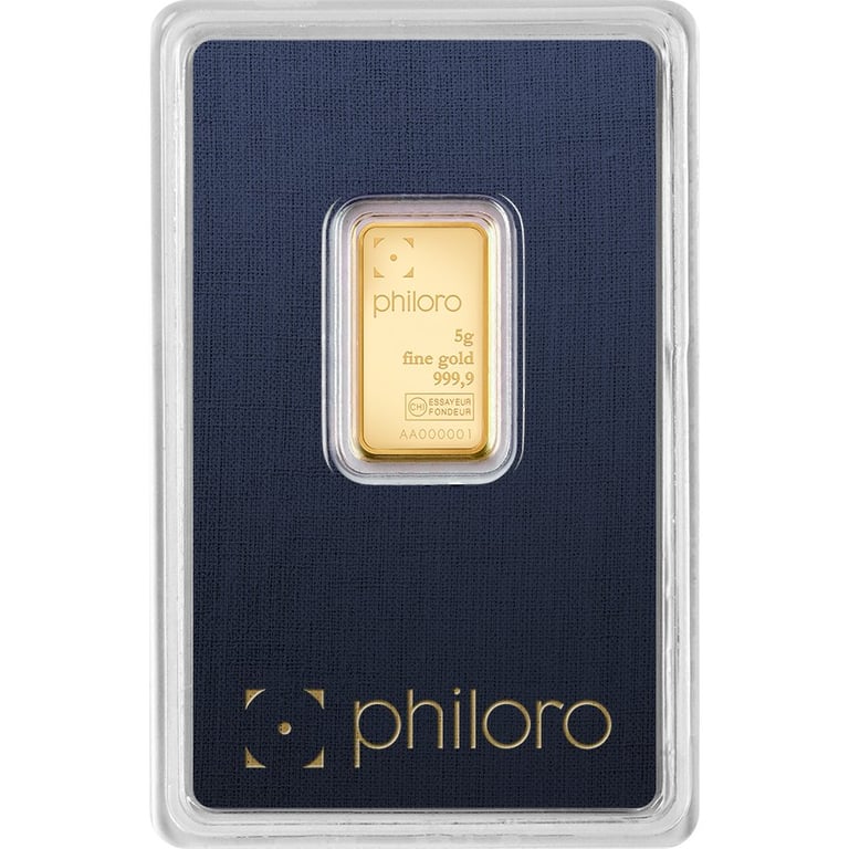 Front of the Gold bar 5 g - philoro in the blister card