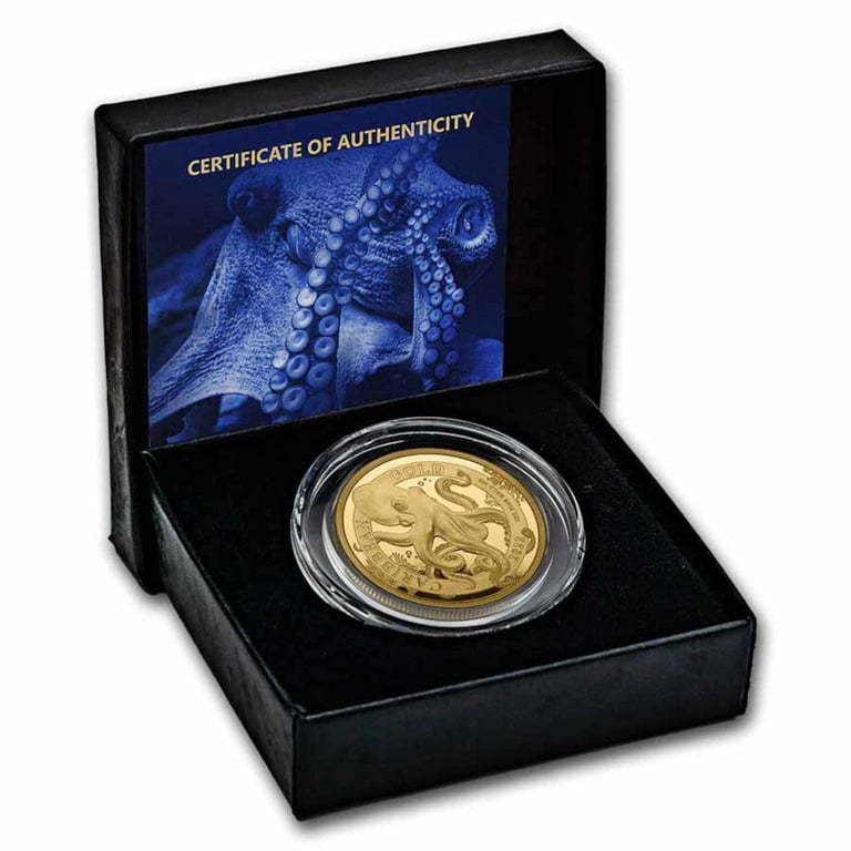 Gold Barbados Octopus 1 oz - 2022 in the original coin case