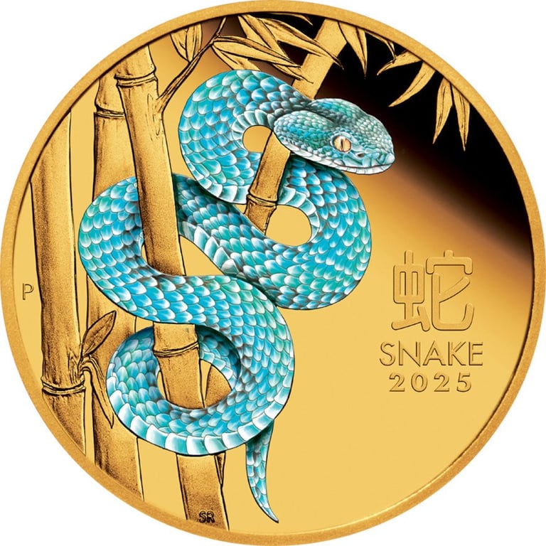 Front of the Gold Lunar III Snake 1 oz PF - colored 2025