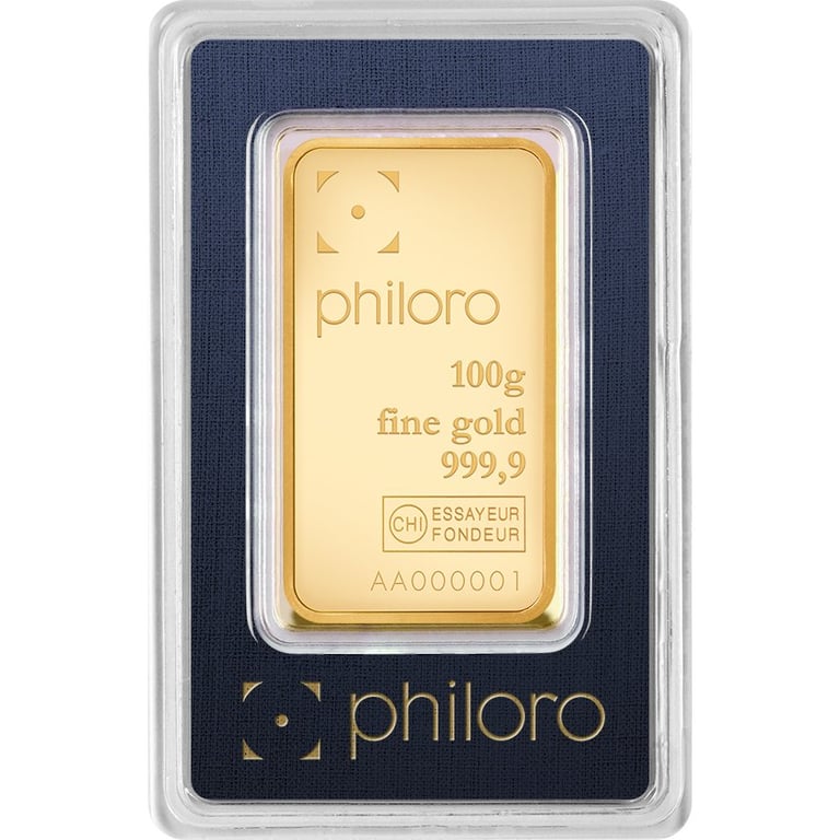Front of the Gold bar 100 g - philoro in the blister card
