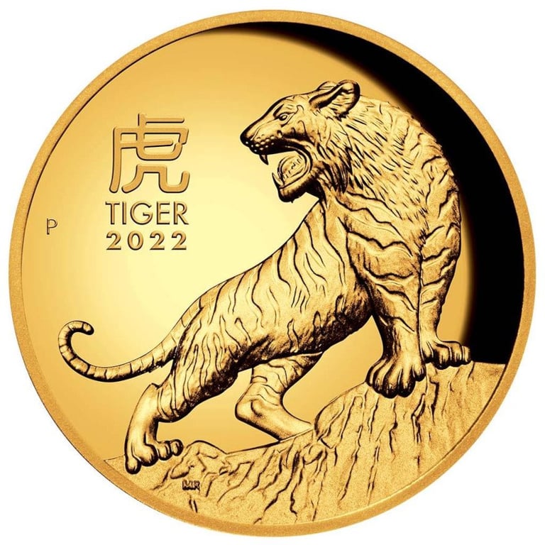 Front of the Gold Lunar III Tiger 1 oz PF - High Relief 2022