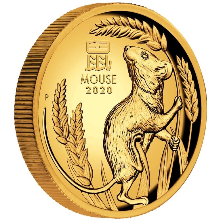 Side view of the Gold Lunar III Mouse 1 oz PF - High Relief 2020