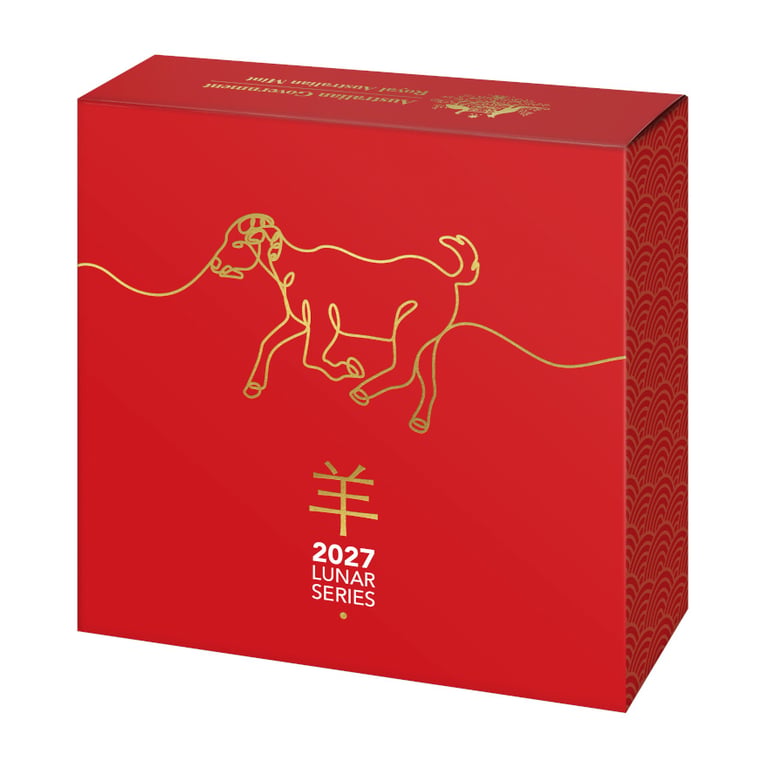 Box Front of Silver Lunar Goat 1 oz PF domed coin - RAM 2027