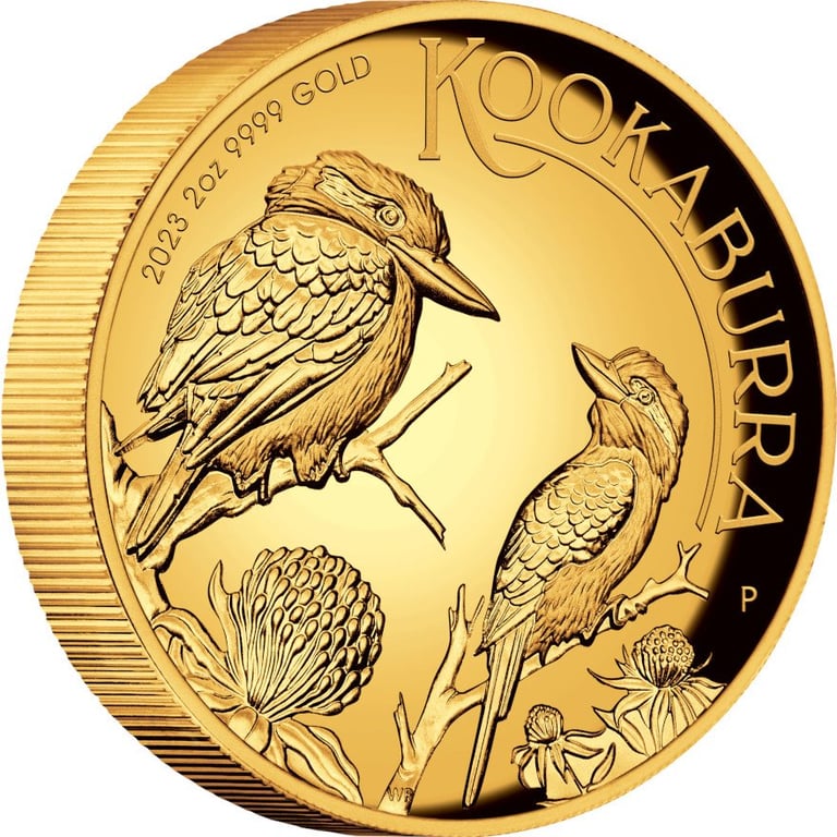 Side view of the Gold Kookaburra 2 oz PF - High Relief 2023