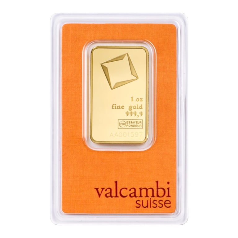 Front of the Gold bar 1 oz - Valcambi in the blister card