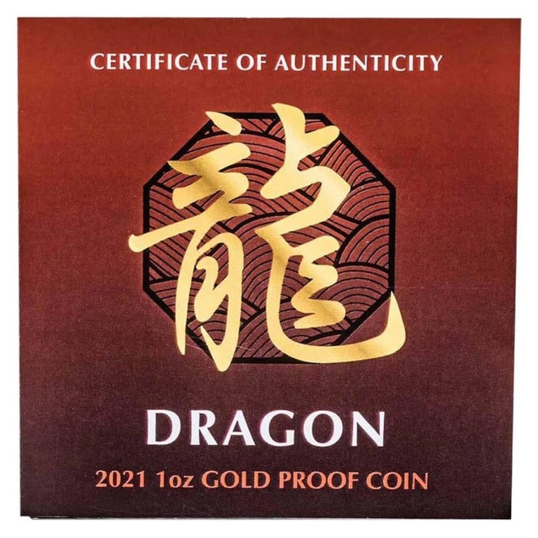 Original coin case of the  Gold Dragon - Chinese Mythical Creatures - 1 oz PF 2021