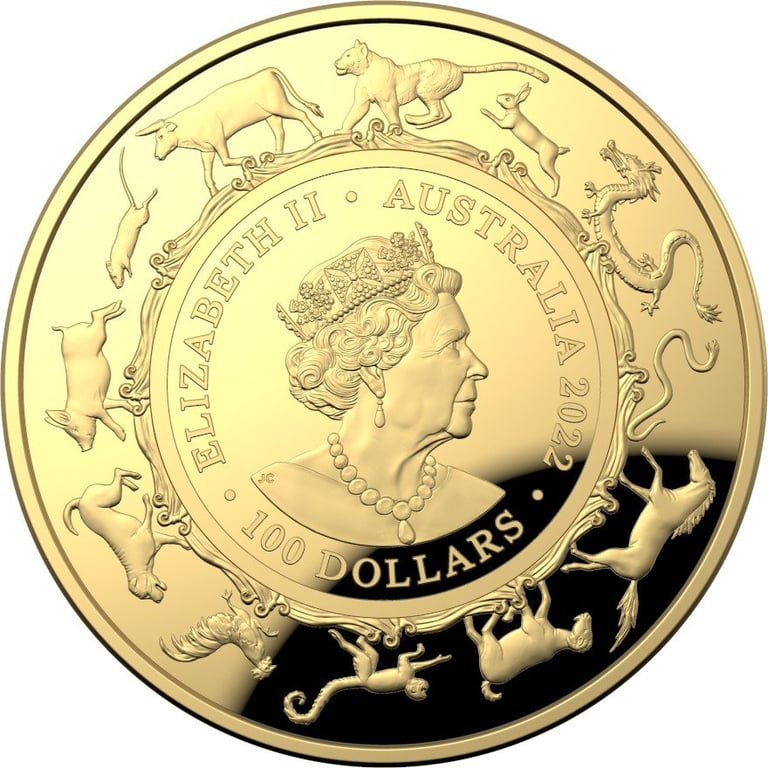 Back of the Gold Lunar Tiger 1 oz PF domed coin - RAM 2022