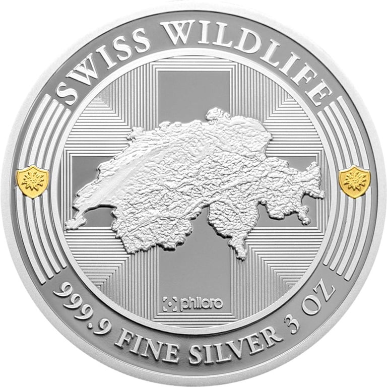 Back of the Silver Swiss Wildlife - Ibex 3 oz PF - Ultra High Relief 2024